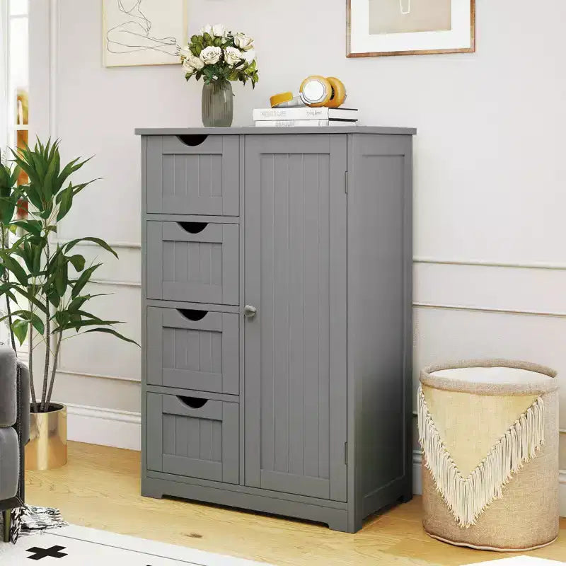 Meuble de salle de bain Costway en bois à 4 tiroirs, armoire de rangement au sol, 2 étagères, autoportant, blanc/marron/gris/noir