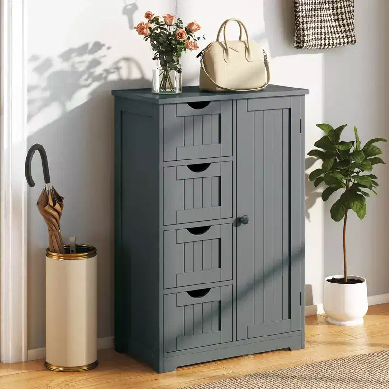 Meuble de salle de bain Costway en bois à 4 tiroirs, armoire de rangement au sol, 2 étagères, autoportant, blanc/marron/gris/noir