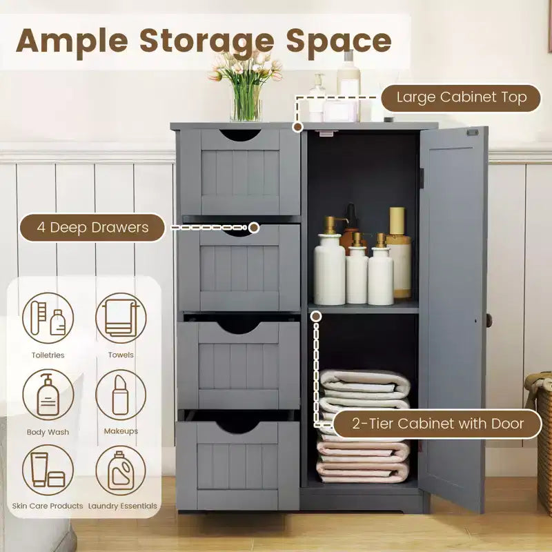 Meuble de salle de bain Costway en bois à 4 tiroirs, armoire de rangement au sol, 2 étagères, autoportant, blanc/marron/gris/noir