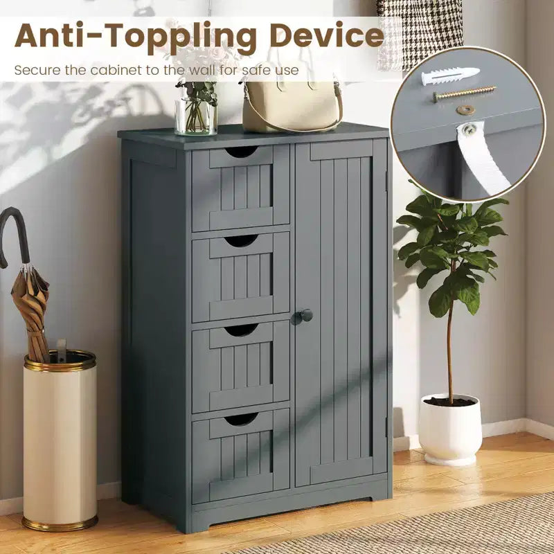 Meuble de salle de bain Costway en bois à 4 tiroirs, armoire de rangement au sol, 2 étagères, autoportant, blanc/marron/gris/noir