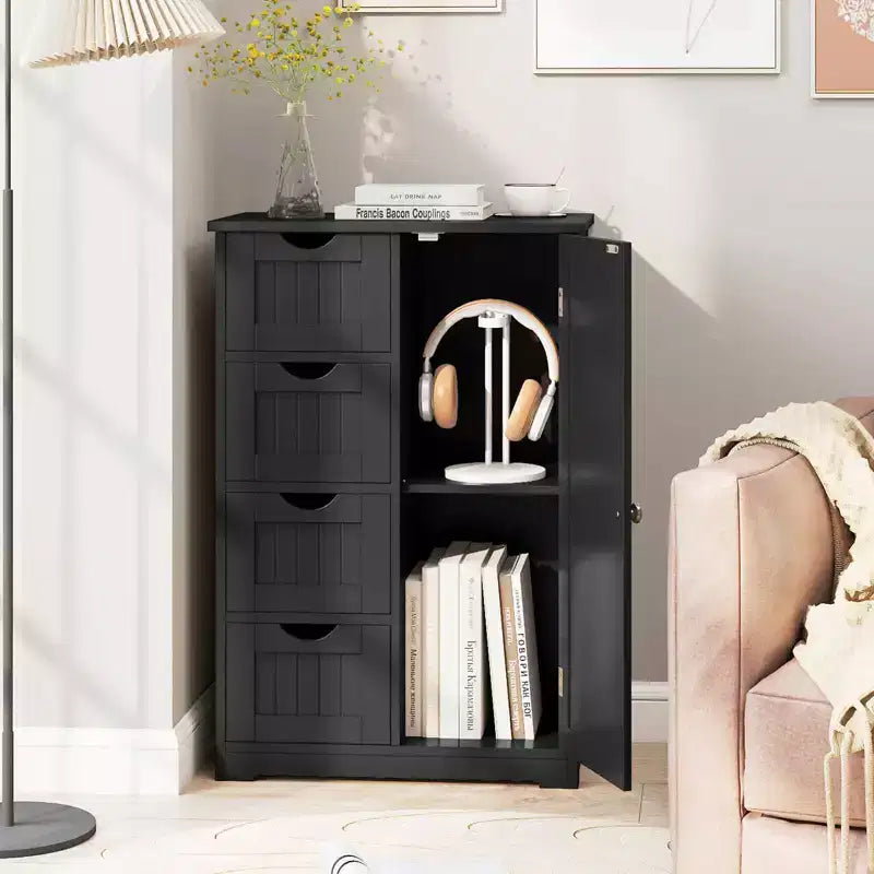 Meuble de salle de bain Costway en bois à 4 tiroirs, armoire de rangement au sol, 2 étagères, autoportant, blanc/marron/gris/noir