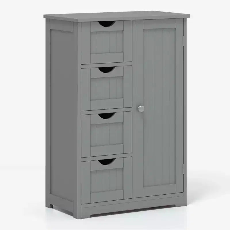 Meuble de salle de bain Costway en bois à 4 tiroirs, armoire de rangement au sol, 2 étagères, autoportant, blanc/marron/gris/noir