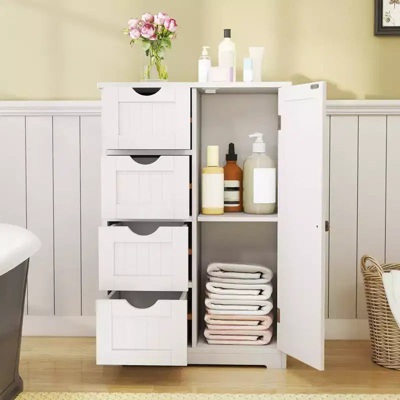 Meuble de salle de bain Costway en bois à 4 tiroirs, armoire de rangement au sol, 2 étagères, autoportant, blanc/marron/gris/noir