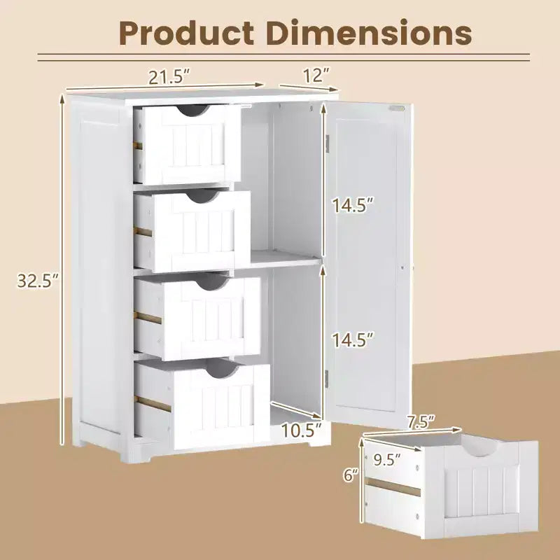 Meuble de salle de bain Costway en bois à 4 tiroirs, armoire de rangement au sol, 2 étagères, autoportant, blanc/marron/gris/noir