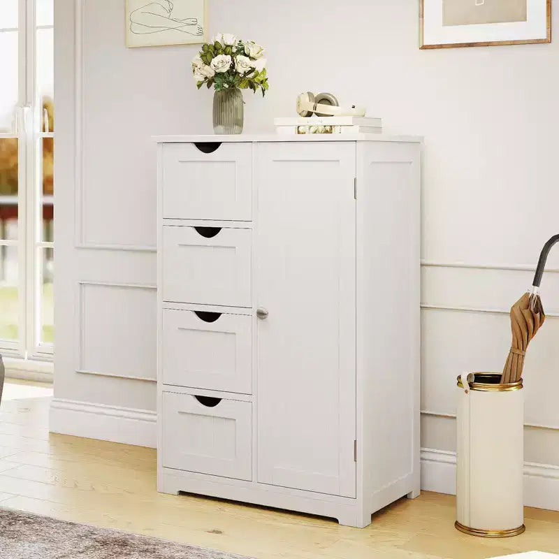 Meuble de salle de bain Costway en bois à 4 tiroirs, armoire de rangement au sol, 2 étagères, autoportant, blanc/marron/gris/noir