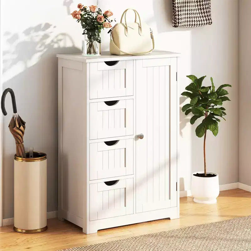 Meuble de salle de bain Costway en bois à 4 tiroirs, armoire de rangement au sol, 2 étagères, autoportant, blanc/marron/gris/noir