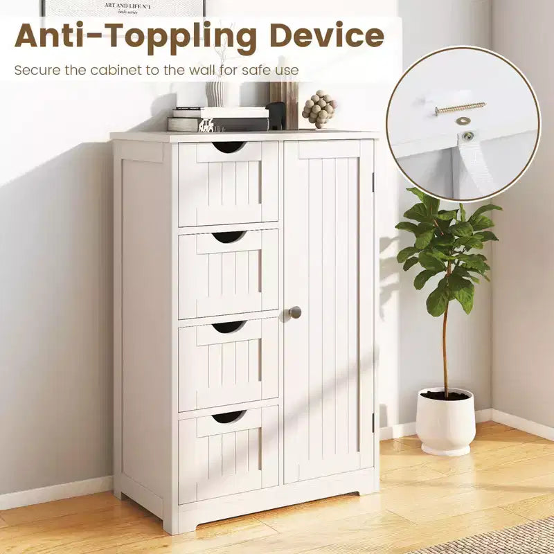Meuble de salle de bain Costway en bois à 4 tiroirs, armoire de rangement au sol, 2 étagères, autoportant, blanc/marron/gris/noir