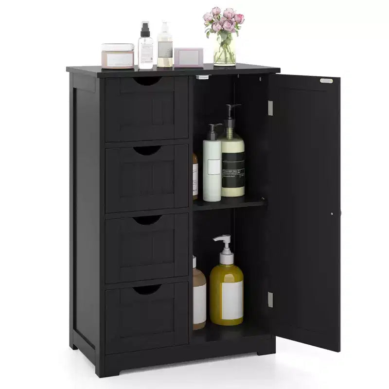 Meuble de salle de bain Costway en bois à 4 tiroirs, armoire de rangement au sol, 2 étagères, autoportant, blanc/marron/gris/noir
