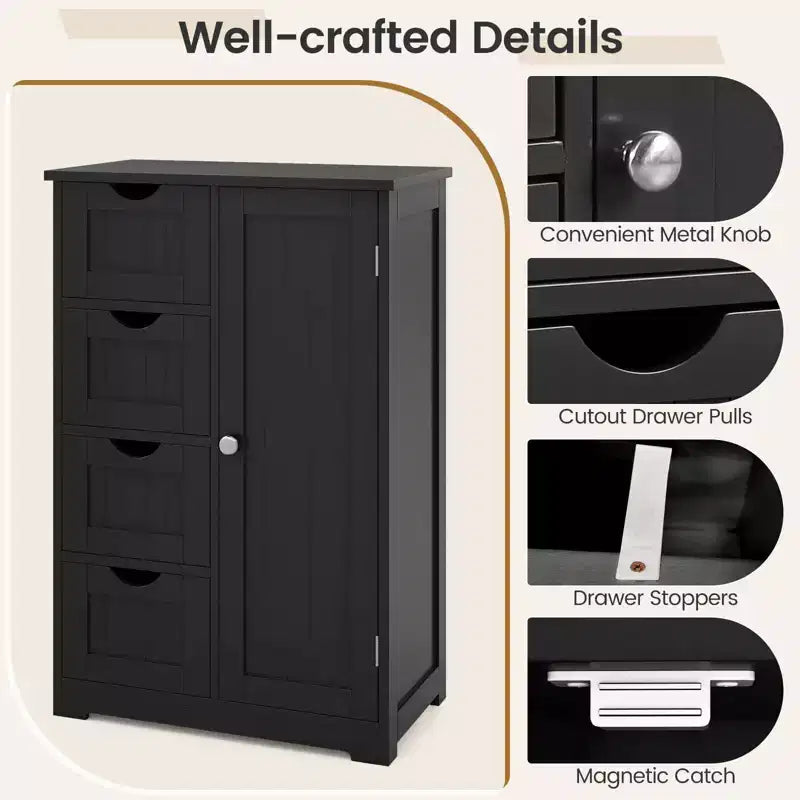Meuble de salle de bain Costway en bois à 4 tiroirs, armoire de rangement au sol, 2 étagères, autoportant, blanc/marron/gris/noir