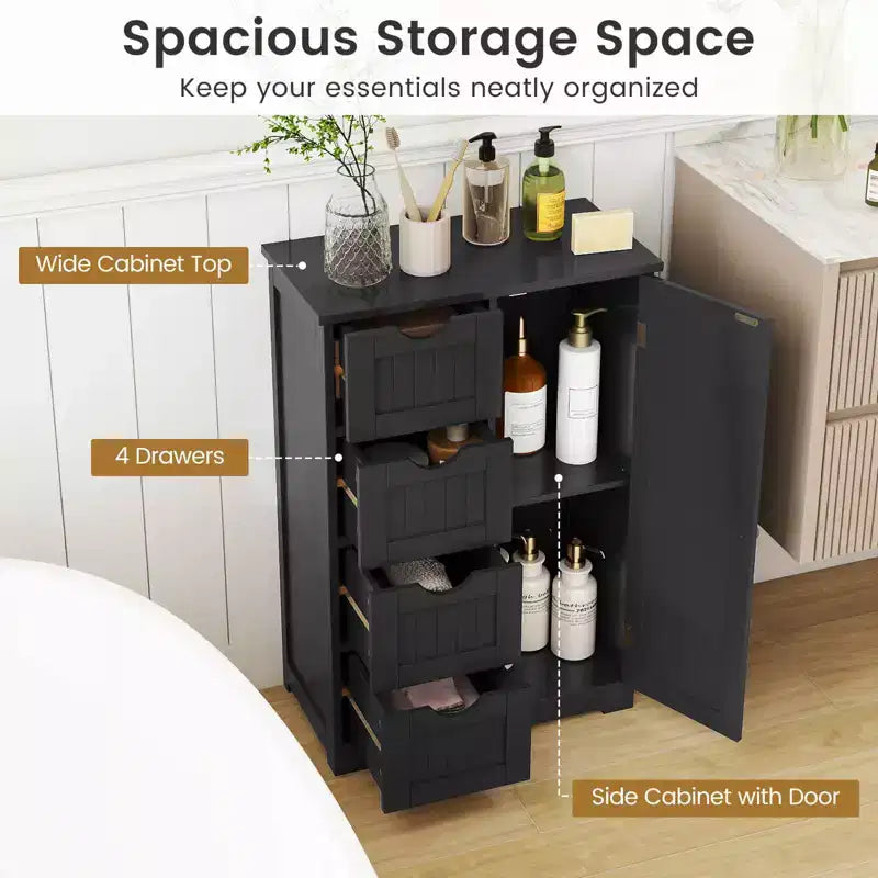 Meuble de salle de bain Costway en bois à 4 tiroirs, armoire de rangement au sol, 2 étagères, autoportant, blanc/marron/gris/noir