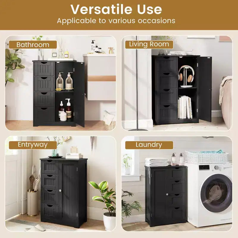 Meuble de salle de bain Costway en bois à 4 tiroirs, armoire de rangement au sol, 2 étagères, autoportant, blanc/marron/gris/noir