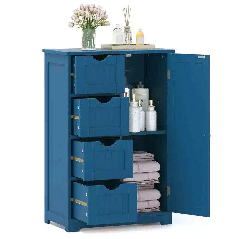 Meuble de salle de bain Costway en bois à 4 tiroirs, armoire de rangement au sol, 2 étagères, autoportant, blanc/marron/gris/noir