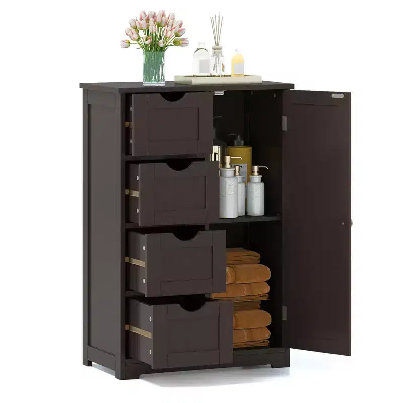 Meuble de salle de bain Costway en bois à 4 tiroirs, armoire de rangement au sol, 2 étagères, autoportant, blanc/marron/gris/noir