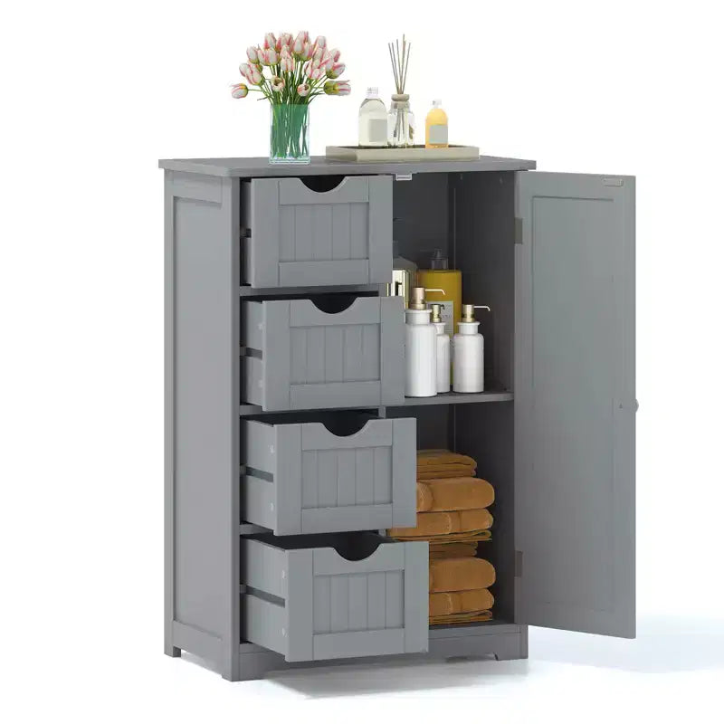 Meuble de salle de bain Costway en bois à 4 tiroirs, armoire de rangement au sol, 2 étagères, autoportant, blanc/marron/gris/noir
