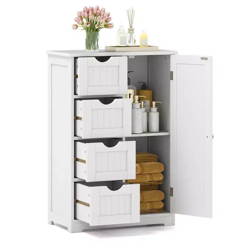 Meuble de salle de bain Costway en bois à 4 tiroirs, armoire de rangement au sol, 2 étagères, autoportant, blanc/marron/gris/noir