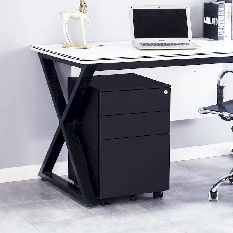 3 Drawer Mobile File Cabinet with Lock Steel File Cabinet(Black)
