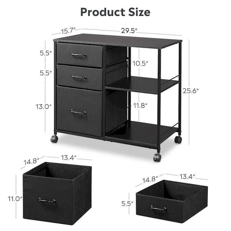 Meuble de classement mobile à 3 tiroirs, support d'imprimante roulant avec étagère de rangement ouverte, classeur latéral en tissu compatible avec les formats A4 ou Letter