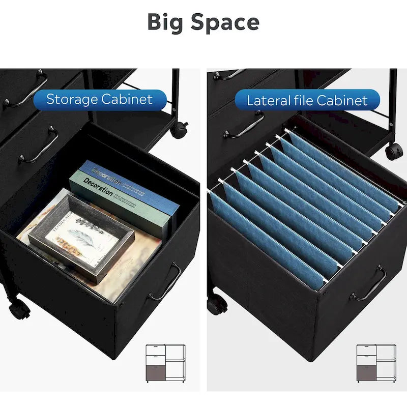 Meuble de classement mobile à 3 tiroirs, support d'imprimante roulant avec étagère de rangement ouverte, classeur latéral en tissu compatible avec les formats A4 ou Letter