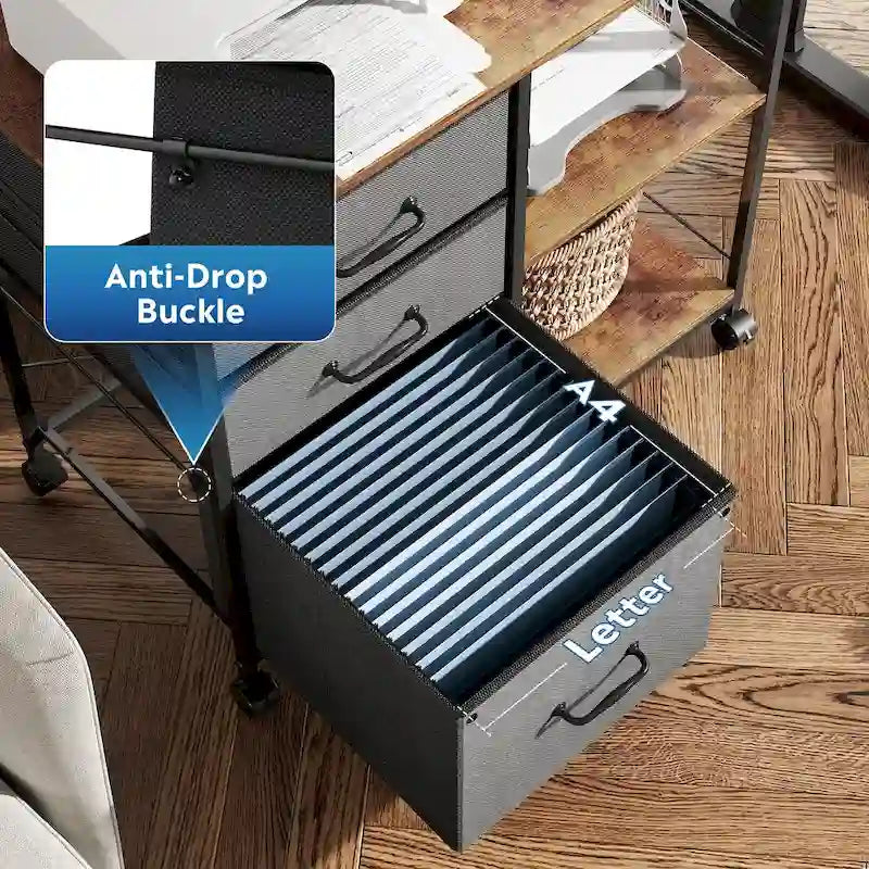 Meuble de classement mobile à 3 tiroirs, support d'imprimante roulant avec étagère de rangement ouverte, classeur latéral en tissu compatible avec les formats A4 ou Letter