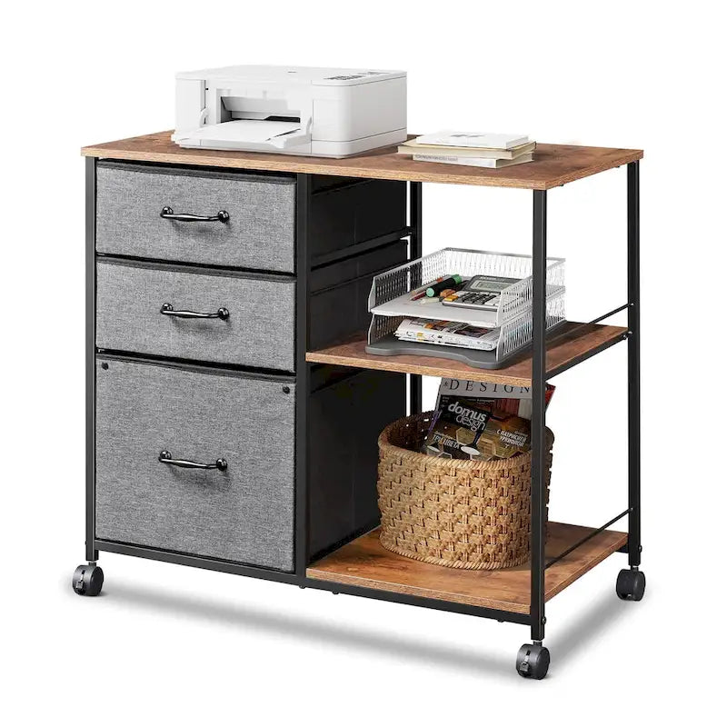 Meuble de classement mobile à 3 tiroirs, support d'imprimante roulant avec étagère de rangement ouverte, classeur latéral en tissu compatible avec les formats A4 ou Letter