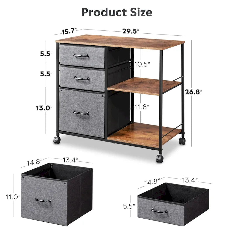 Meuble de classement mobile à 3 tiroirs, support d'imprimante roulant avec étagère de rangement ouverte, classeur latéral en tissu compatible avec les formats A4 ou Letter