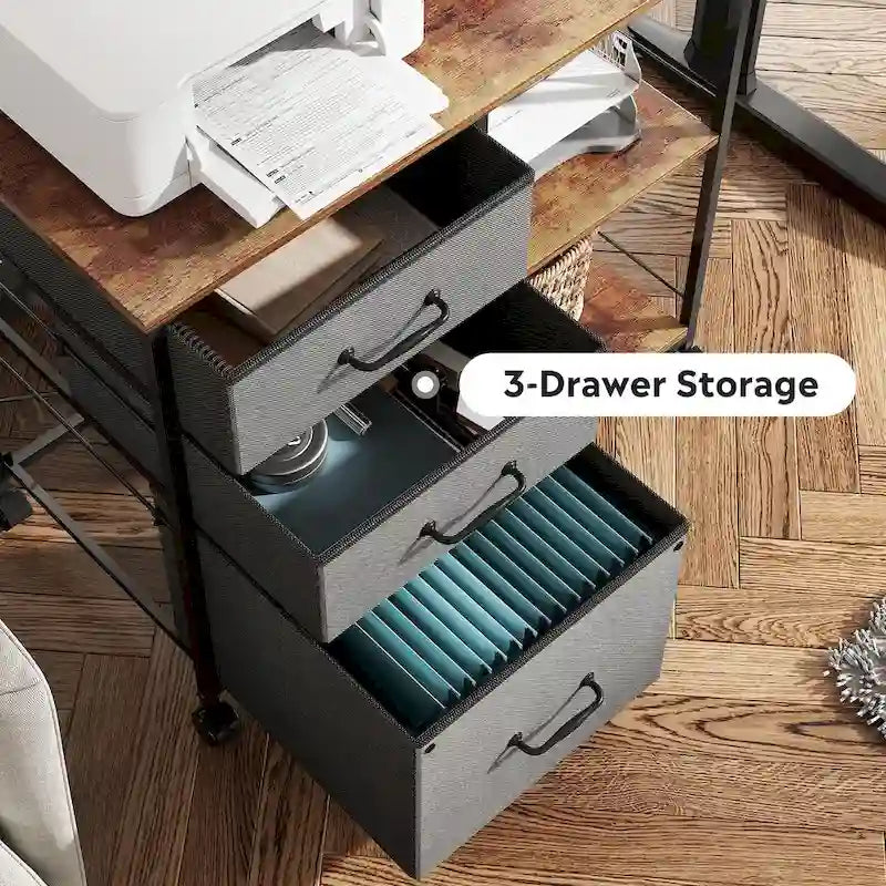 Meuble de classement mobile à 3 tiroirs, support d'imprimante roulant avec étagère de rangement ouverte, classeur latéral en tissu compatible avec les formats A4 ou Letter