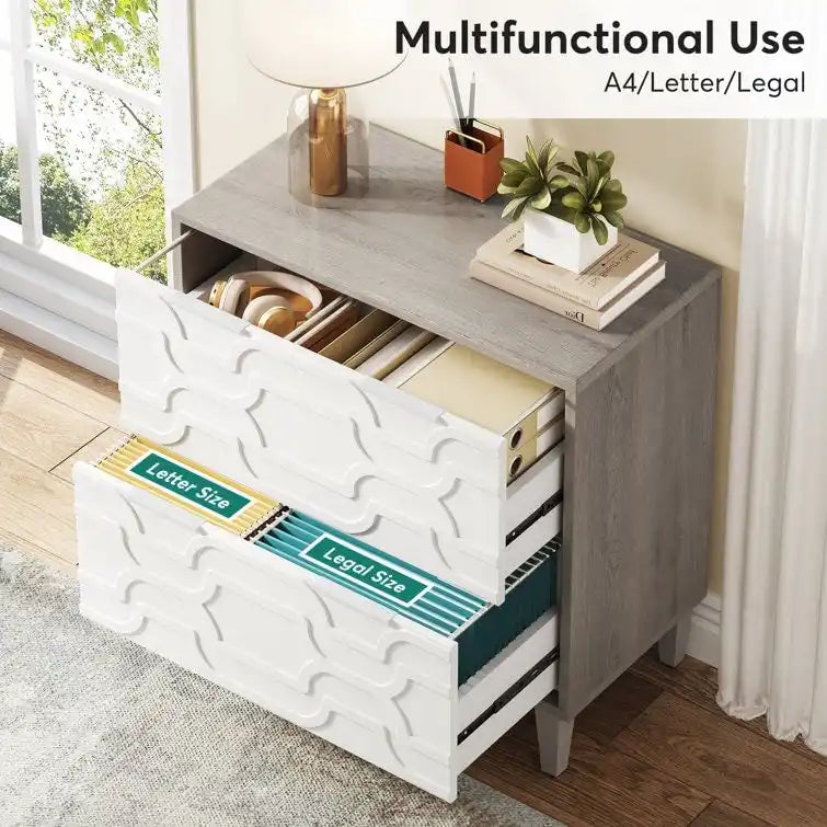 Meuble de classement latéral à 2 tiroirs pour format A4/Lettre/Légal, meuble de rangement de bureau blanc et gris, support d'imprimante
