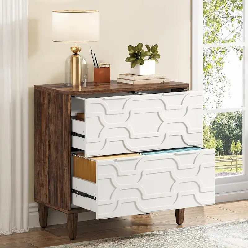 Meuble de classement latéral à 2 tiroirs pour format A4/Lettre/Légal, meuble de rangement de bureau blanc et gris, support d'imprimante