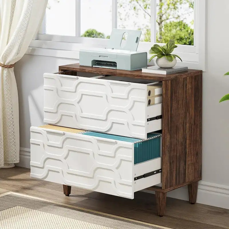 Meuble de classement latéral à 2 tiroirs pour format A4/Lettre/Légal, meuble de rangement de bureau blanc et gris, support d'imprimante