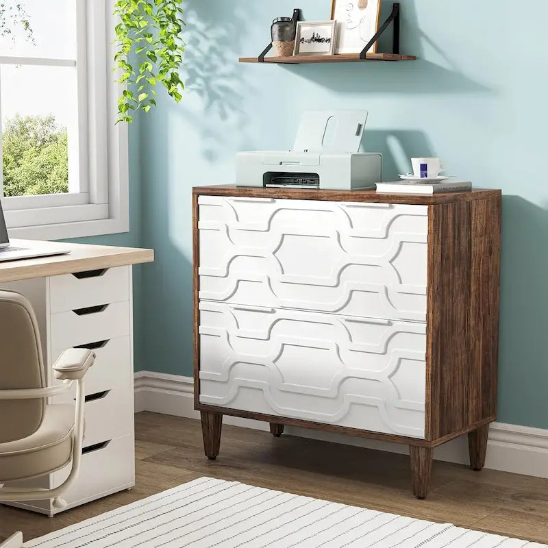 Meuble de classement latéral à 2 tiroirs pour format A4/Lettre/Légal, meuble de rangement de bureau blanc et gris, support d'imprimante