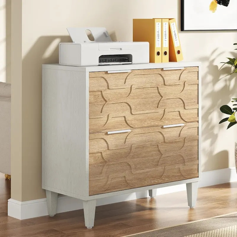Meuble de classement latéral à 2 tiroirs pour format A4/Lettre/Légal, meuble de rangement de bureau blanc et gris, support d'imprimante