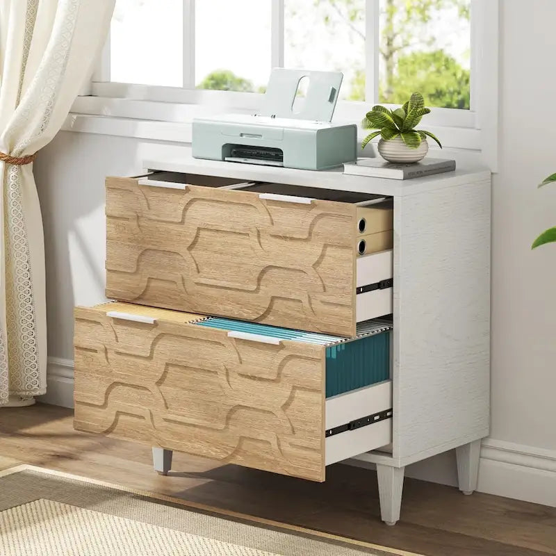 Meuble de classement latéral à 2 tiroirs pour format A4/Lettre/Légal, meuble de rangement de bureau blanc et gris, support d'imprimante