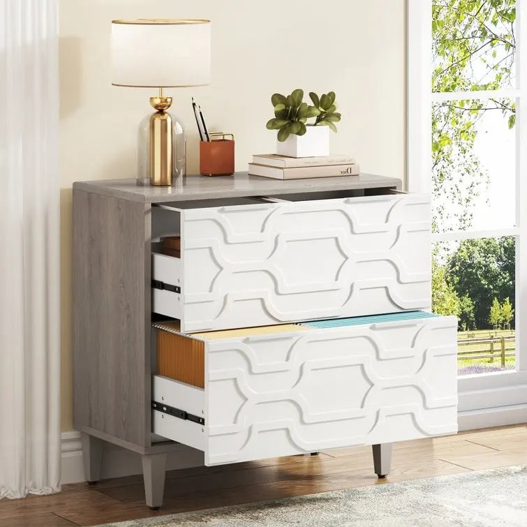 Meuble de classement latéral à 2 tiroirs pour format A4/Lettre/Légal, meuble de rangement de bureau blanc et gris, support d'imprimante