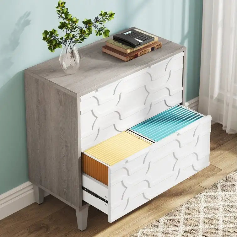 Meuble de classement latéral à 2 tiroirs pour format A4/Lettre/Légal, meuble de rangement de bureau blanc et gris, support d'imprimante