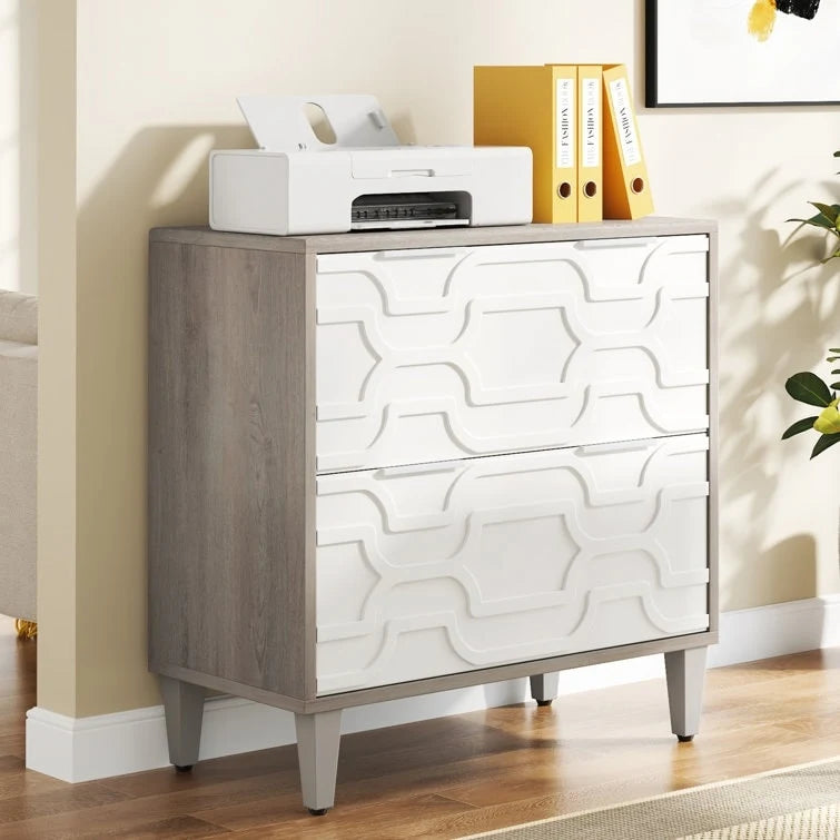Meuble de classement latéral à 2 tiroirs pour format A4/Lettre/Légal, meuble de rangement de bureau blanc et gris, support d'imprimante