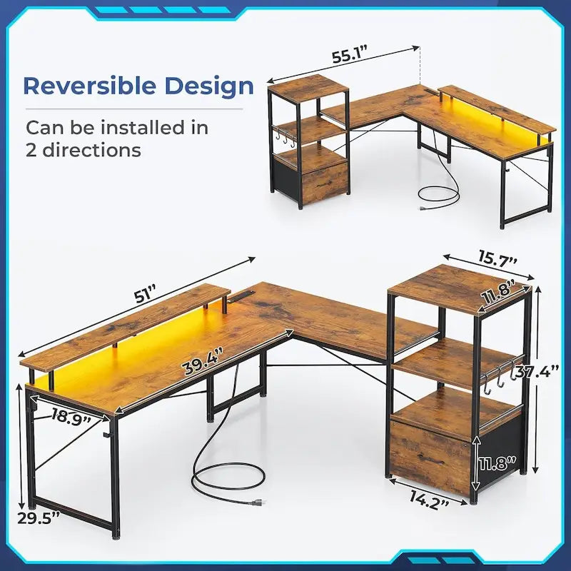 Bureau informatique de 130 cm avec étagères de rangement, tiroir et prises de courant