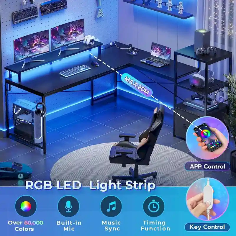 Bureau informatique de 130 cm avec étagères de rangement, tiroir et prises de courant