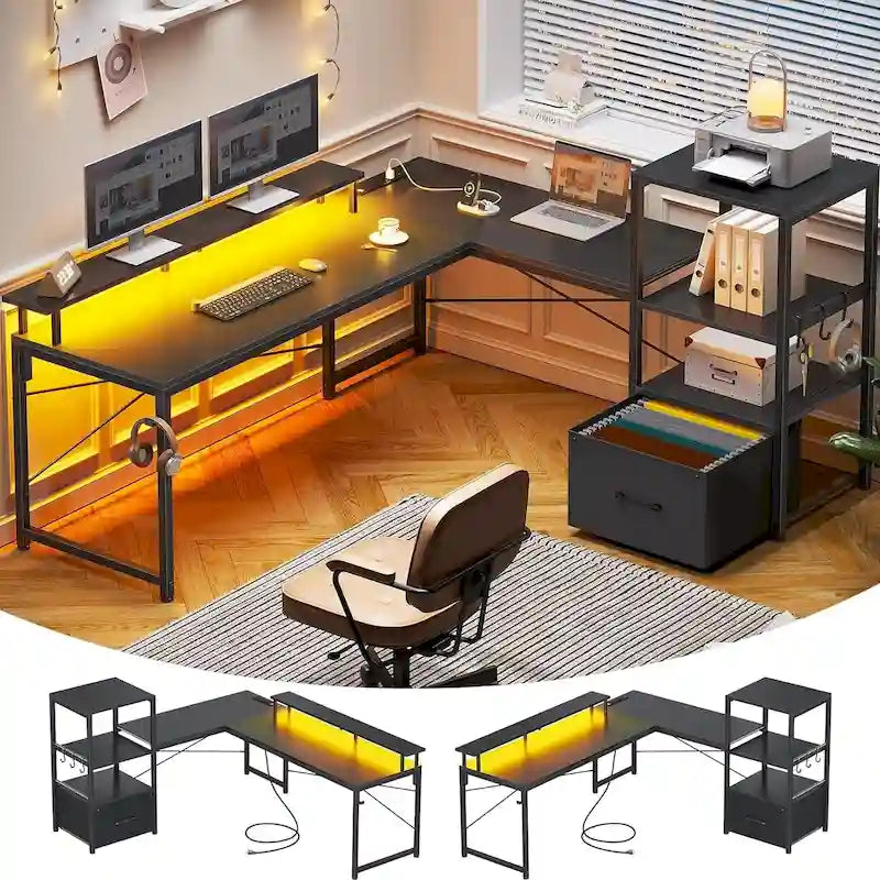 Bureau informatique de 130 cm avec étagères de rangement, tiroir et prises de courant
