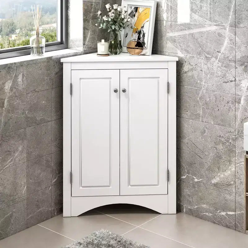 Modern Corner Storage Cabinet With Adjustable Shelves 2 Doors Triangle Freestanding Floor Cabinet For Living Room Small Space