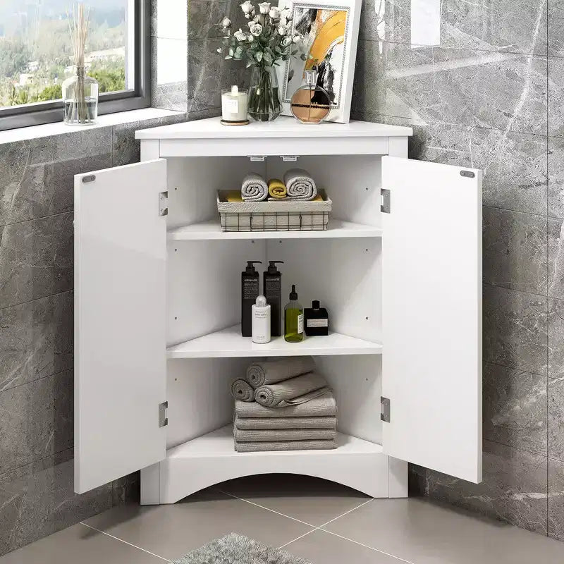 Armoire d'angle de rangement moderne avec étagères réglables, 2 portes, meuble bas triangulaire autoportant pour salon, petits espaces