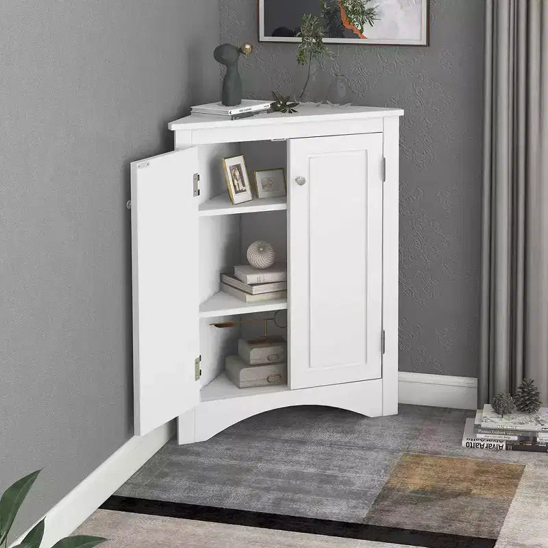 Armoire d'angle de rangement moderne avec étagères réglables, 2 portes, meuble bas triangulaire autoportant pour salon, petits espaces