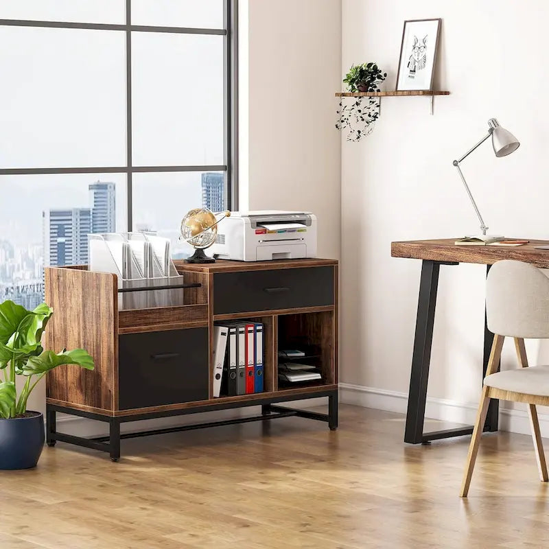 Meuble de classement en bois à 2 tiroirs de 99 cm avec support d'imprimante