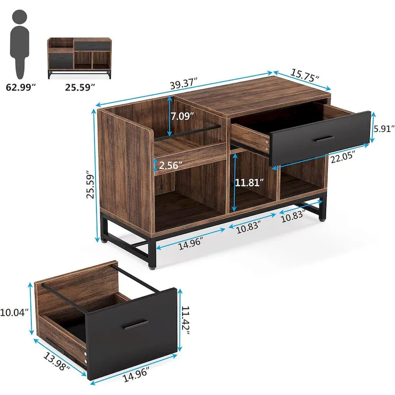 Meuble de classement en bois à 2 tiroirs de 99 cm avec support d'imprimante
