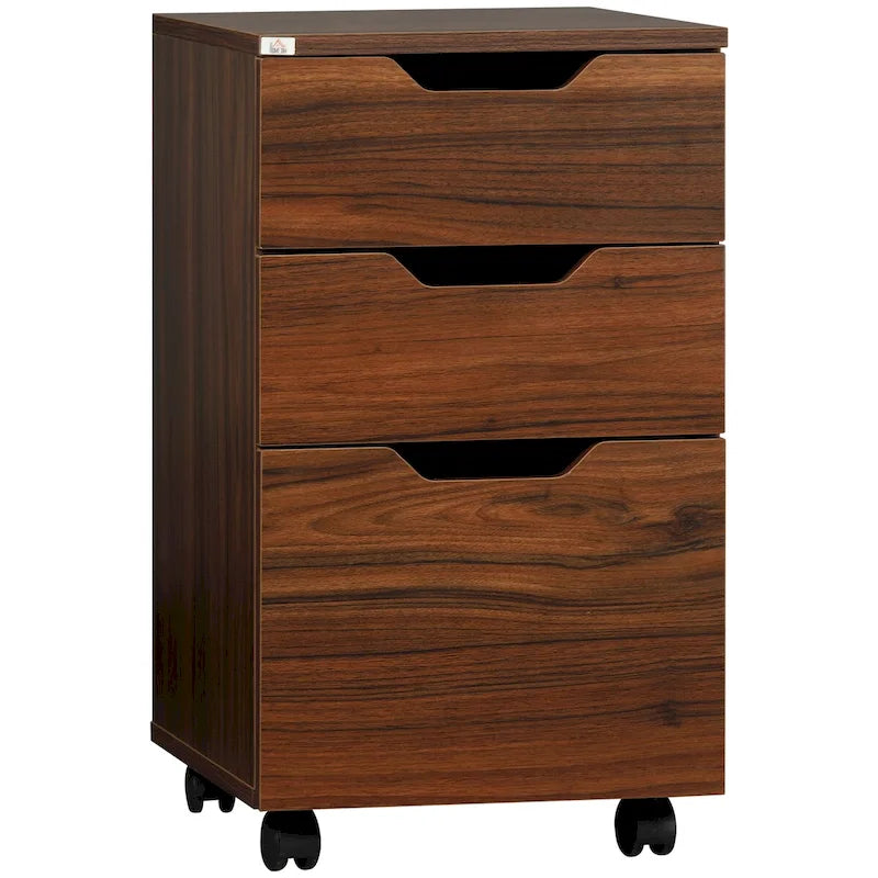 Meuble de rangement de bureau à 3 tiroirs, meuble bas de bureau avec roulettes pour chambre à coucher, salon, grain de bois marron