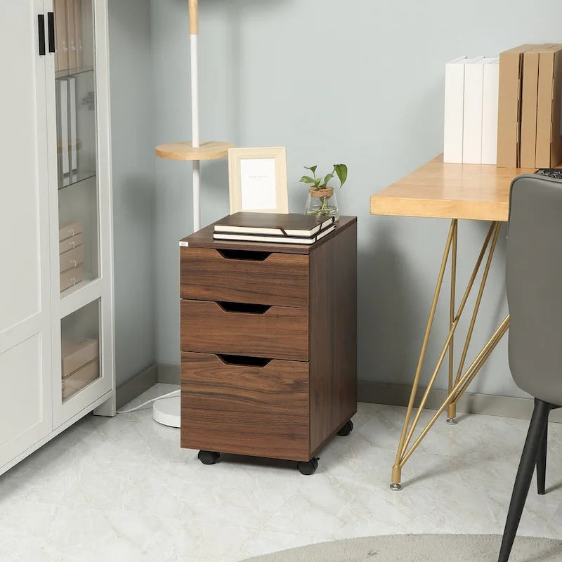 Meuble de rangement de bureau à 3 tiroirs, meuble bas de bureau avec roulettes pour chambre à coucher, salon, grain de bois marron