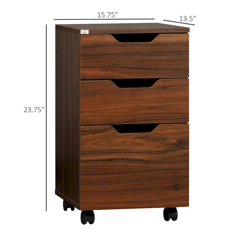Meuble de rangement de bureau à 3 tiroirs, meuble bas de bureau avec roulettes pour chambre à coucher, salon, grain de bois marron