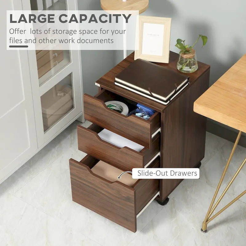 Meuble de rangement de bureau à 3 tiroirs, meuble bas de bureau avec roulettes pour chambre à coucher, salon, grain de bois marron