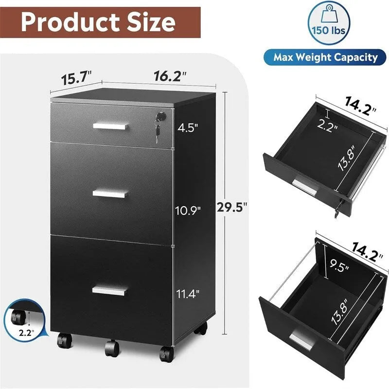 Classeur à roulettes 3 tiroirs avec serrure - 40,6P x 39,9L x 78H cm