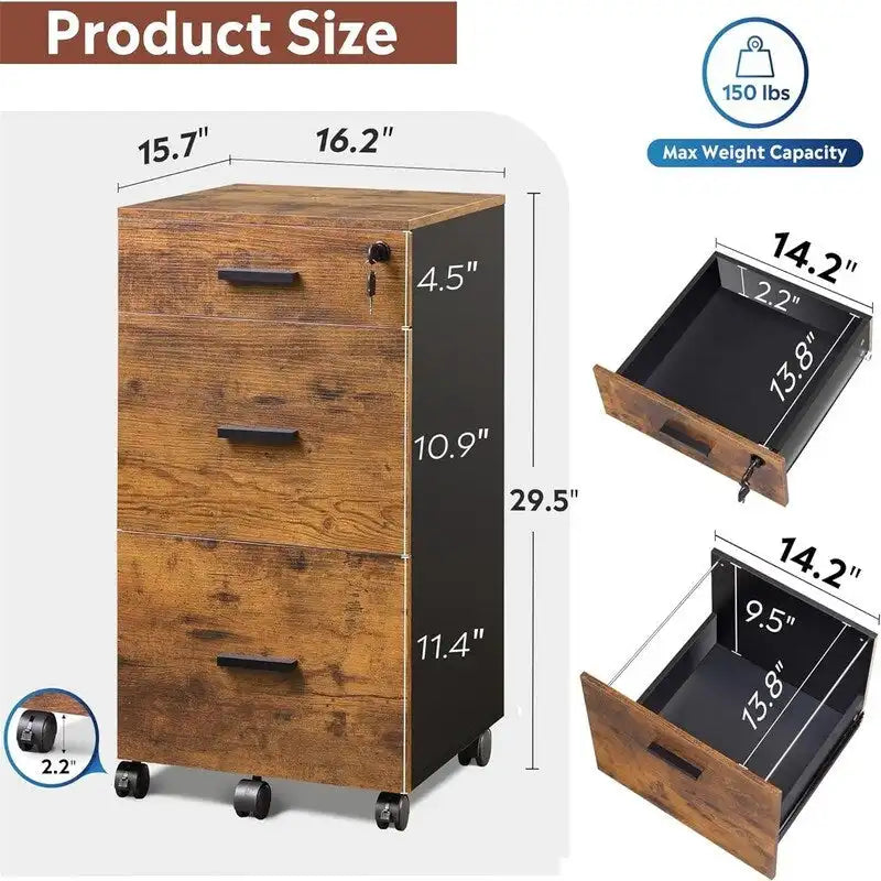 Classeur à roulettes 3 tiroirs avec serrure - 40,6P x 39,9L x 78H cm