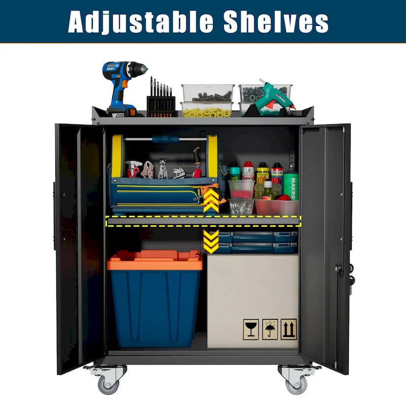 Armoires à outils à 2 portes pour garage, armoire de rangement de garage verrouillable, armoire de rangement métallique verrouillable avec roulettes